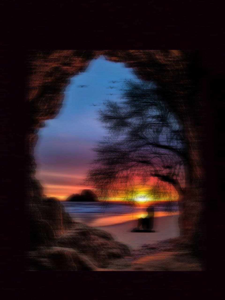 a sunset through a window